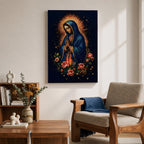 Illustration of Our Lady of Guadalupe standing with hands clasped in prayer, wearing a rose colored gown and star covered teal mantle surrounded by radiant golden rays, framed by decorative floral elements, rendered in warm tones with soft shading in a modern devotional style inspired by traditional Mexican Catholic imagery.