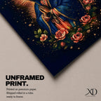 Illustration of Our Lady of Guadalupe standing with hands clasped in prayer, wearing a rose colored gown and star covered teal mantle surrounded by radiant golden rays, framed by decorative floral elements, rendered in warm tones with soft shading in a modern devotional style inspired by traditional Mexican Catholic imagery.