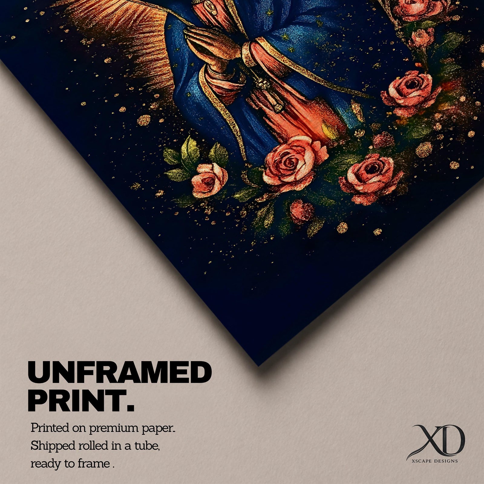 Illustration of Our Lady of Guadalupe standing with hands clasped in prayer, wearing a rose colored gown and star covered teal mantle surrounded by radiant golden rays, framed by decorative floral elements, rendered in warm tones with soft shading in a modern devotional style inspired by traditional Mexican Catholic imagery.