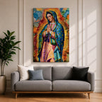 A vibrant stained glass style portrait of Our Lady of Guadalupe featuring her traditional blue mantle with stars and hands clasped in prayer, surrounded by radiant golden rays and colorful abstract background elements, capturing the iconic Mexican Marian apparition in a modern decorative format.