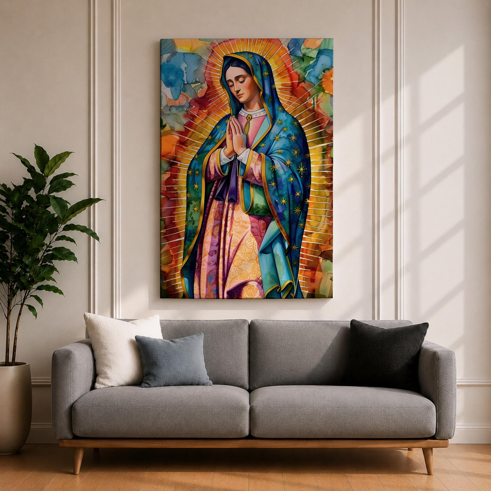 A vibrant stained glass style portrait of Our Lady of Guadalupe featuring her traditional blue mantle with stars and hands clasped in prayer, surrounded by radiant golden rays and colorful abstract background elements, capturing the iconic Mexican Marian apparition in a modern decorative format.