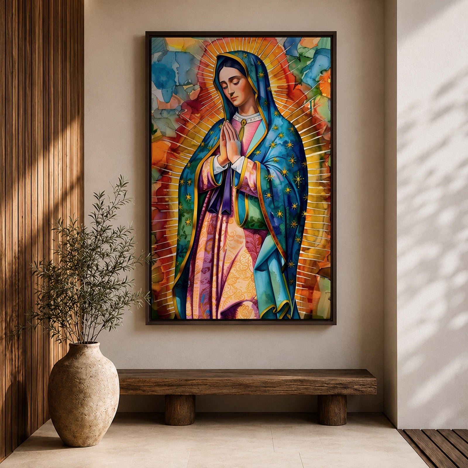 A vibrant stained glass style portrait of Our Lady of Guadalupe featuring her traditional blue mantle with stars and hands clasped in prayer, surrounded by radiant golden rays and colorful abstract background elements, capturing the iconic Mexican Marian apparition in a modern decorative format.