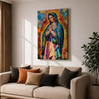 A vibrant stained glass style portrait of Our Lady of Guadalupe featuring her traditional blue mantle with stars and hands clasped in prayer, surrounded by radiant golden rays and colorful abstract background elements, capturing the iconic Mexican Marian apparition in a modern decorative format.