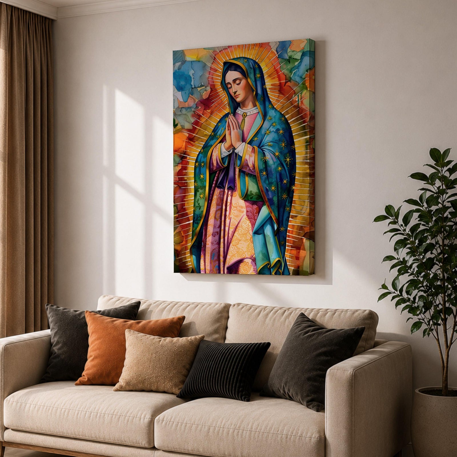 A vibrant stained glass style portrait of Our Lady of Guadalupe featuring her traditional blue mantle with stars and hands clasped in prayer, surrounded by radiant golden rays and colorful abstract background elements, capturing the iconic Mexican Marian apparition in a modern decorative format.