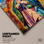 A vibrant stained glass style portrait of Our Lady of Guadalupe featuring her traditional blue mantle with stars and hands clasped in prayer, surrounded by radiant golden rays and colorful abstract background elements, capturing the iconic Mexican Marian apparition in a modern decorative format.