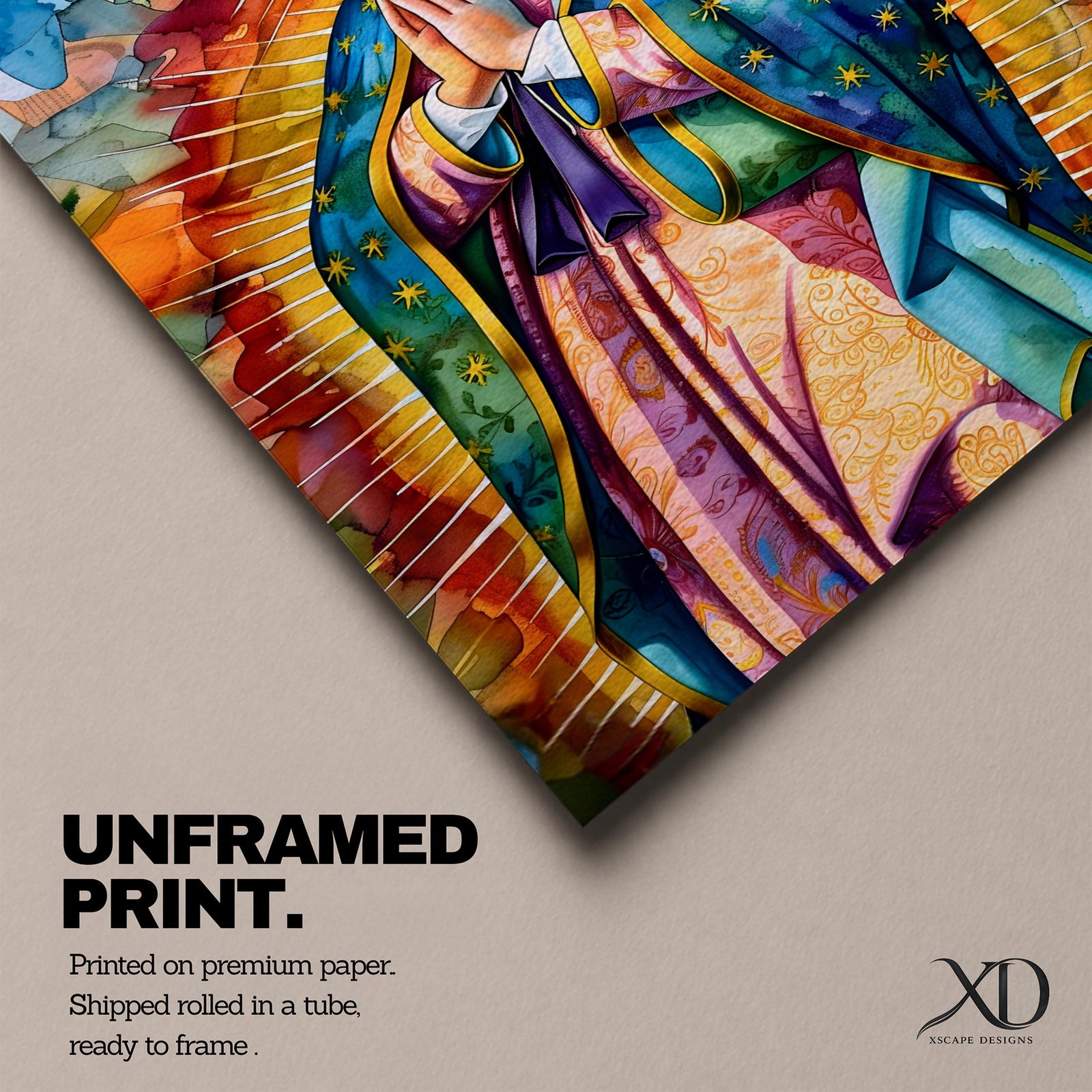 A vibrant stained glass style portrait of Our Lady of Guadalupe featuring her traditional blue mantle with stars and hands clasped in prayer, surrounded by radiant golden rays and colorful abstract background elements, capturing the iconic Mexican Marian apparition in a modern decorative format.