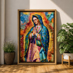 A vibrant stained glass style portrait of Our Lady of Guadalupe featuring her traditional blue mantle with stars and hands clasped in prayer, surrounded by radiant golden rays and colorful abstract background elements, capturing the iconic Mexican Marian apparition in a modern decorative format.