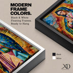 A vibrant stained glass style portrait of Our Lady of Guadalupe featuring her traditional blue mantle with stars and hands clasped in prayer, surrounded by radiant golden rays and colorful abstract background elements, capturing the iconic Mexican Marian apparition in a modern decorative format.