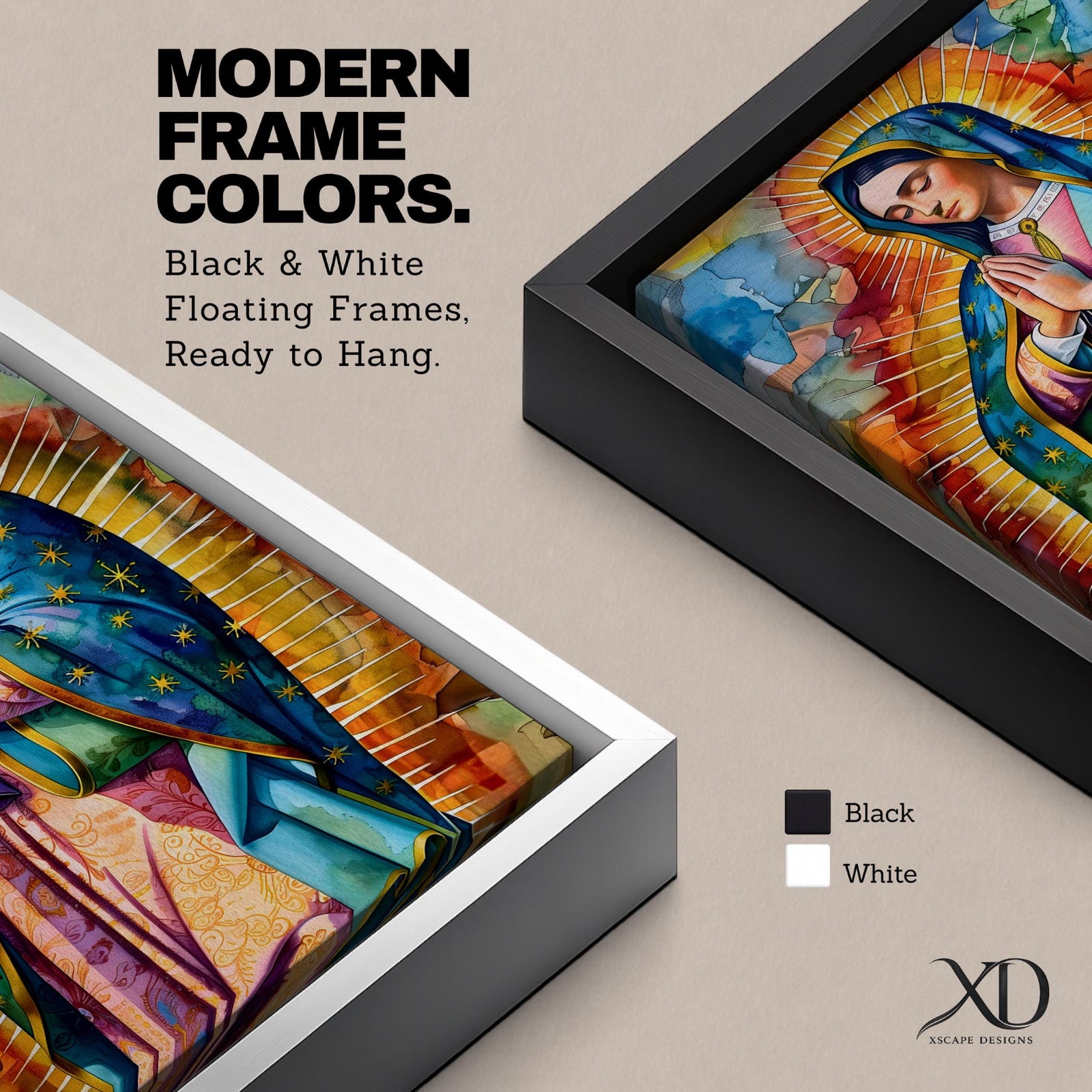 A vibrant stained glass style portrait of Our Lady of Guadalupe featuring her traditional blue mantle with stars and hands clasped in prayer, surrounded by radiant golden rays and colorful abstract background elements, capturing the iconic Mexican Marian apparition in a modern decorative format.