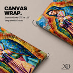 A vibrant stained glass style portrait of Our Lady of Guadalupe featuring her traditional blue mantle with stars and hands clasped in prayer, surrounded by radiant golden rays and colorful abstract background elements, capturing the iconic Mexican Marian apparition in a modern decorative format.