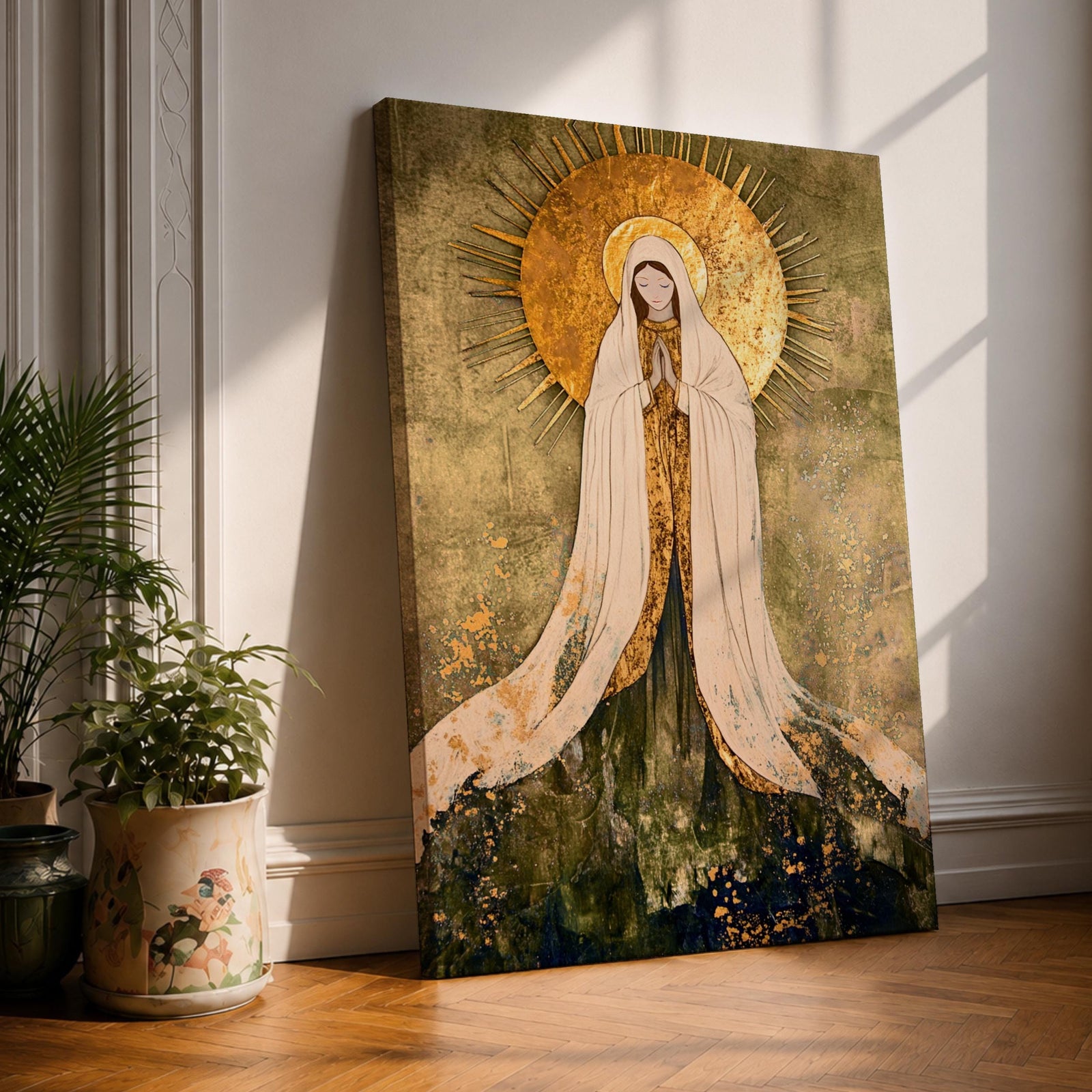 Vintage devotional illustration of the Virgin Mary portrayed as the Blessed Mother with a calm expression and gentle downward gaze, wearing flowing blue and cream robes with a soft halo surrounding her head, rendered in muted antique tones with delicate shading and a traditional Marian devotional composition inspired by classic Catholic altar imagery.
