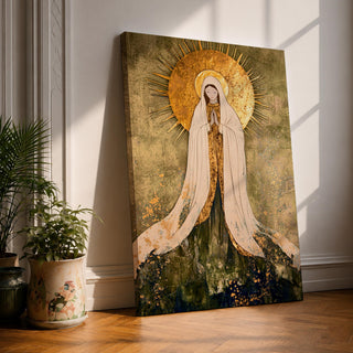 Vintage devotional illustration of the Virgin Mary portrayed as the Blessed Mother with a calm expression and gentle downward gaze, wearing flowing blue and cream robes with a soft halo surrounding her head, rendered in muted antique tones with delicate shading and a traditional Marian devotional composition inspired by classic Catholic altar imagery.
