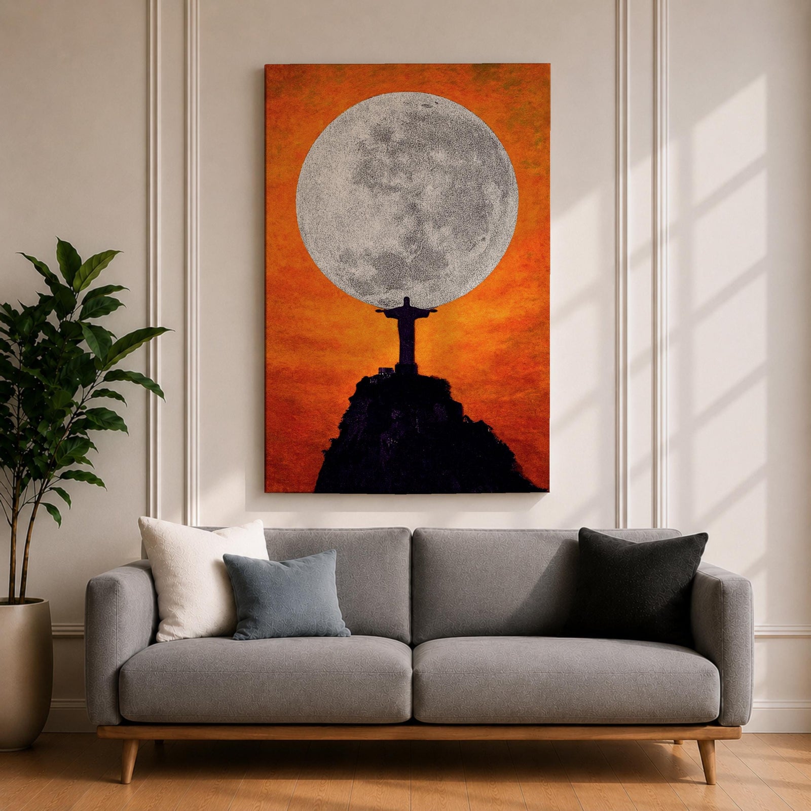 Illustration of Christ the Redeemer statue standing atop Corcovado mountain in Rio de Janeiro with arms outstretched, overlooking the landscape as warm sunset light fills the sky behind the monumental figure, rendered with soft shading and glowing tones in a devotional composition centered on the iconic Brazilian Catholic landmark.