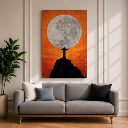 Illustration of Christ the Redeemer statue standing atop Corcovado mountain in Rio de Janeiro with arms outstretched, overlooking the landscape as warm sunset light fills the sky behind the monumental figure, rendered with soft shading and glowing tones in a devotional composition centered on the iconic Brazilian Catholic landmark.