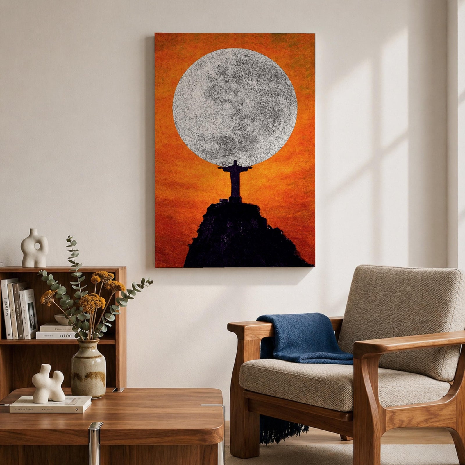 Illustration of Christ the Redeemer statue standing atop Corcovado mountain in Rio de Janeiro with arms outstretched, overlooking the landscape as warm sunset light fills the sky behind the monumental figure, rendered with soft shading and glowing tones in a devotional composition centered on the iconic Brazilian Catholic landmark.