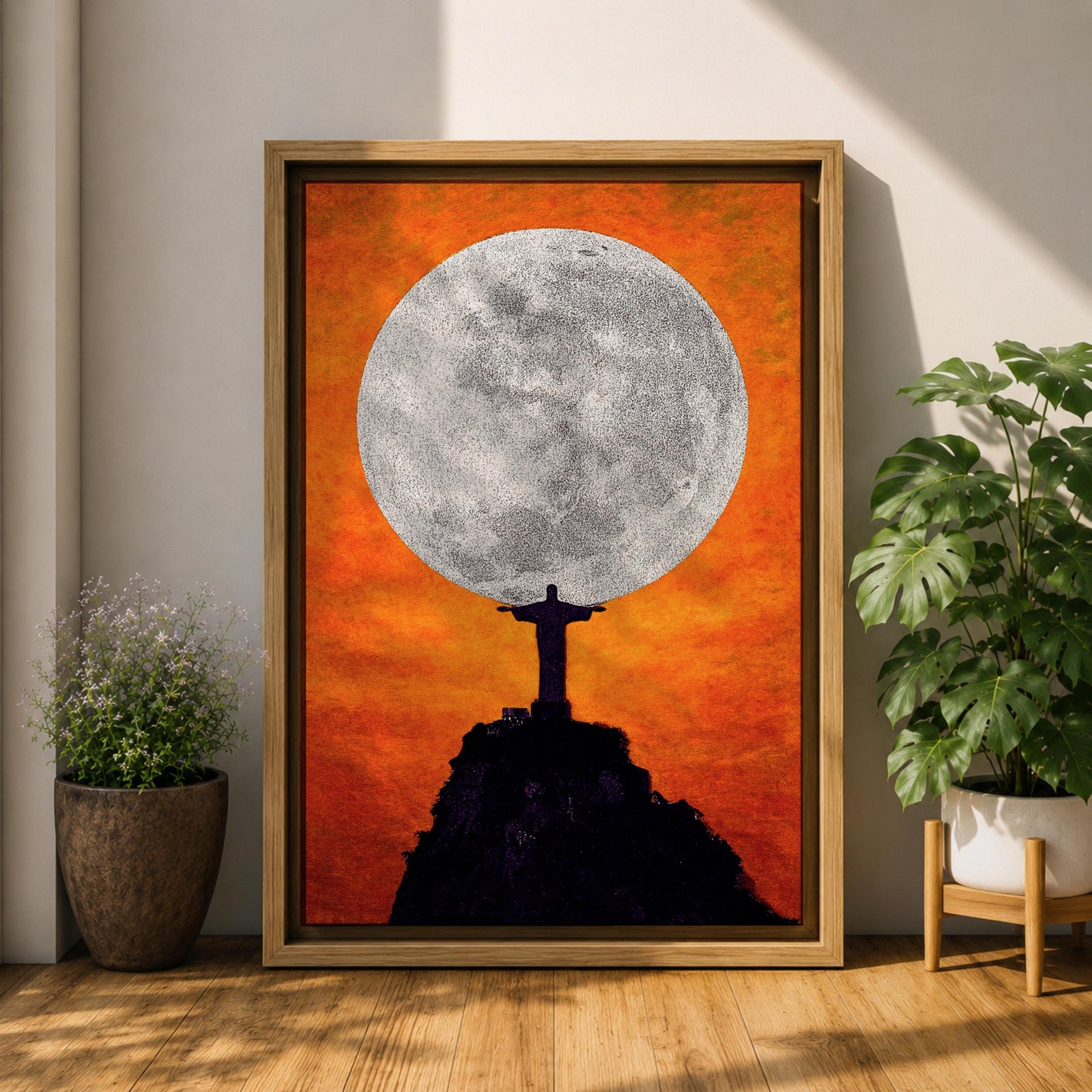 Illustration of Christ the Redeemer statue standing atop Corcovado mountain in Rio de Janeiro with arms outstretched, overlooking the landscape as warm sunset light fills the sky behind the monumental figure, rendered with soft shading and glowing tones in a devotional composition centered on the iconic Brazilian Catholic landmark.
