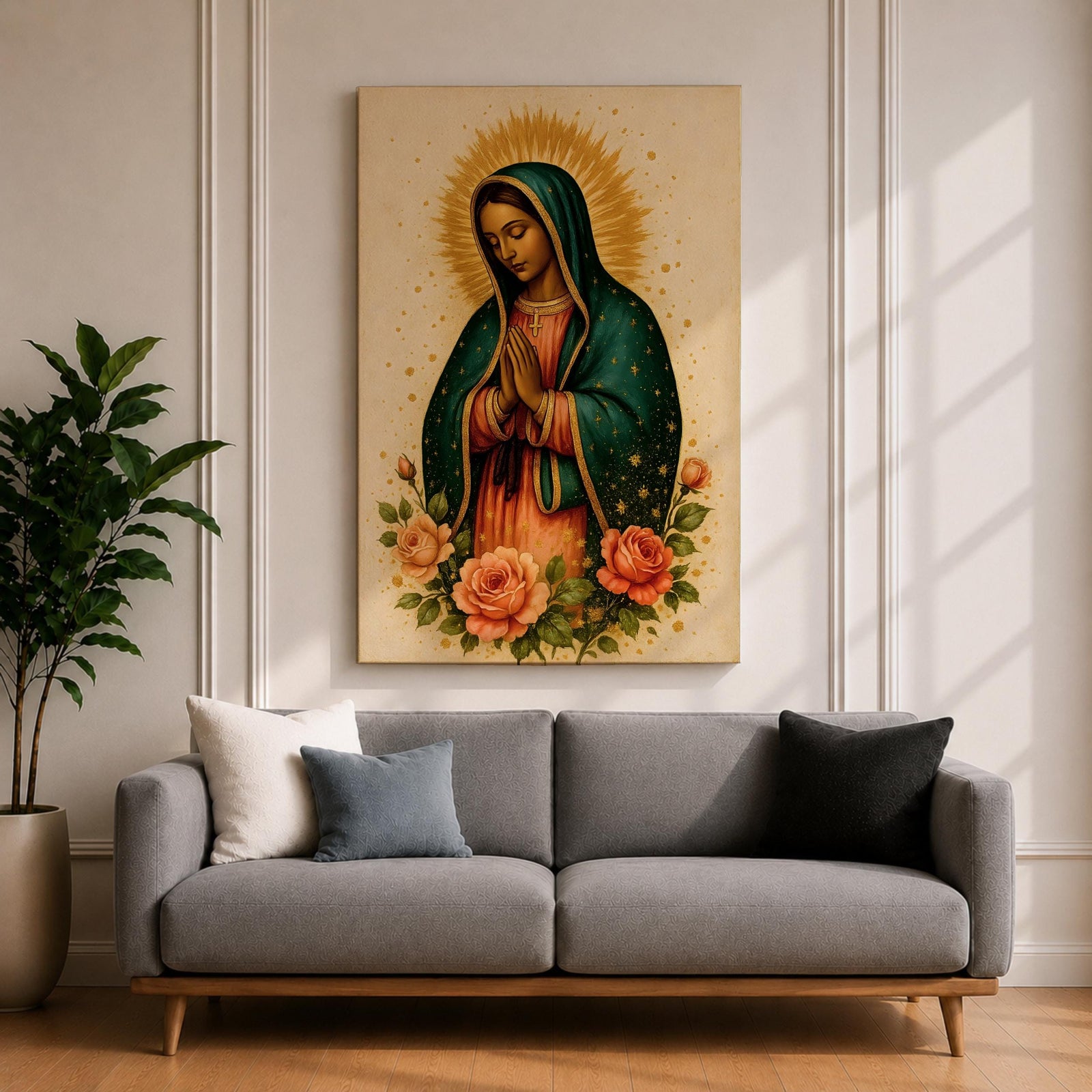 Traditional devotional illustration of Our Lady of Guadalupe standing with hands clasped in prayer, wearing a rose colored gown and a teal mantle covered with gold stars, surrounded by radiant golden rays and supported by a small angel beneath her, rendered in warm antique tones with delicate shading in a classic Mexican Catholic icon style.