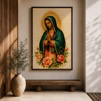 Traditional devotional illustration of Our Lady of Guadalupe standing with hands clasped in prayer, wearing a rose colored gown and a teal mantle covered with gold stars, surrounded by radiant golden rays and supported by a small angel beneath her, rendered in warm antique tones with delicate shading in a classic Mexican Catholic icon style.