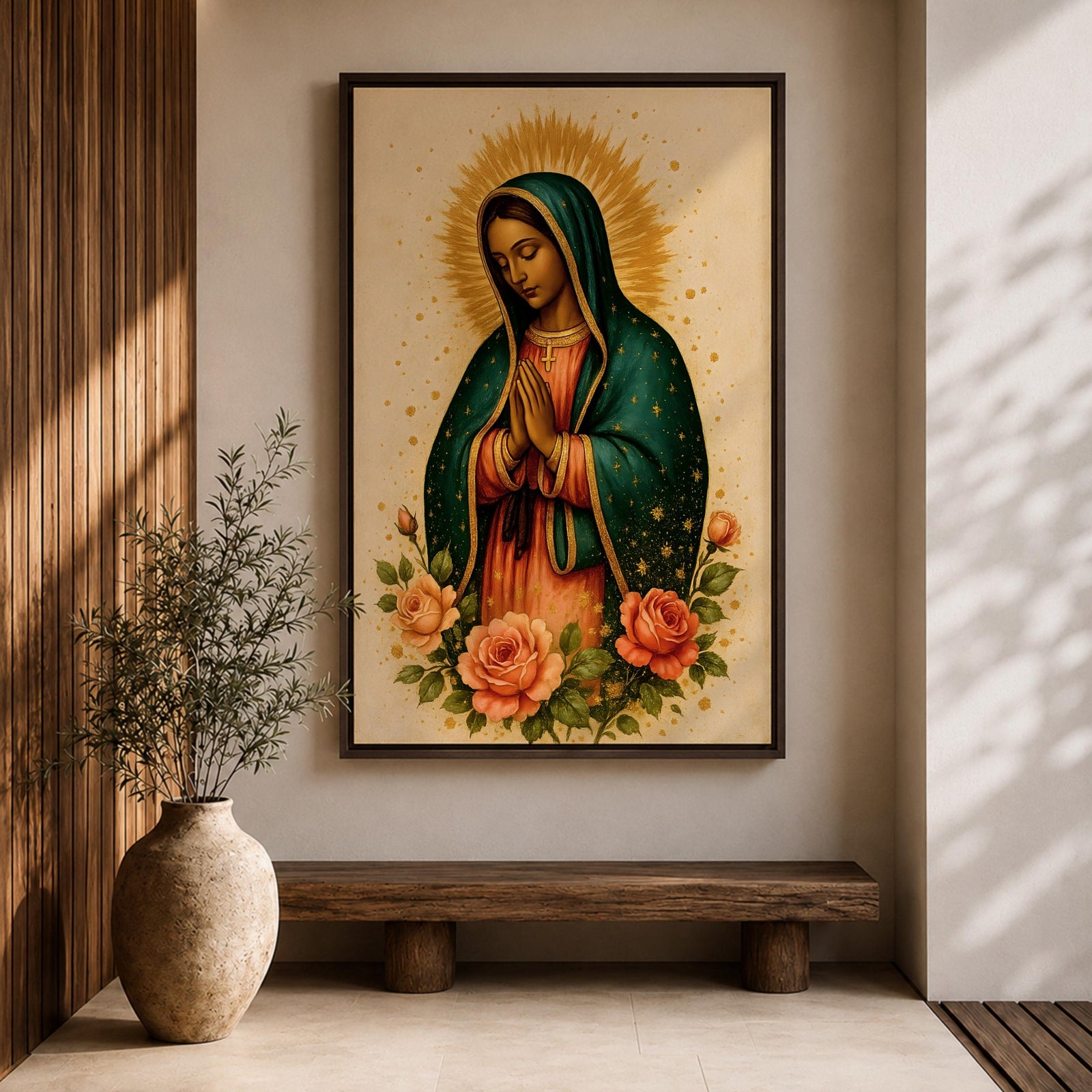 Traditional devotional illustration of Our Lady of Guadalupe standing with hands clasped in prayer, wearing a rose colored gown and a teal mantle covered with gold stars, surrounded by radiant golden rays and supported by a small angel beneath her, rendered in warm antique tones with delicate shading in a classic Mexican Catholic icon style.