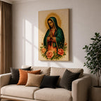 Traditional devotional illustration of Our Lady of Guadalupe standing with hands clasped in prayer, wearing a rose colored gown and a teal mantle covered with gold stars, surrounded by radiant golden rays and supported by a small angel beneath her, rendered in warm antique tones with delicate shading in a classic Mexican Catholic icon style.