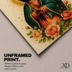 Traditional devotional illustration of Our Lady of Guadalupe standing with hands clasped in prayer, wearing a rose colored gown and a teal mantle covered with gold stars, surrounded by radiant golden rays and supported by a small angel beneath her, rendered in warm antique tones with delicate shading in a classic Mexican Catholic icon style.