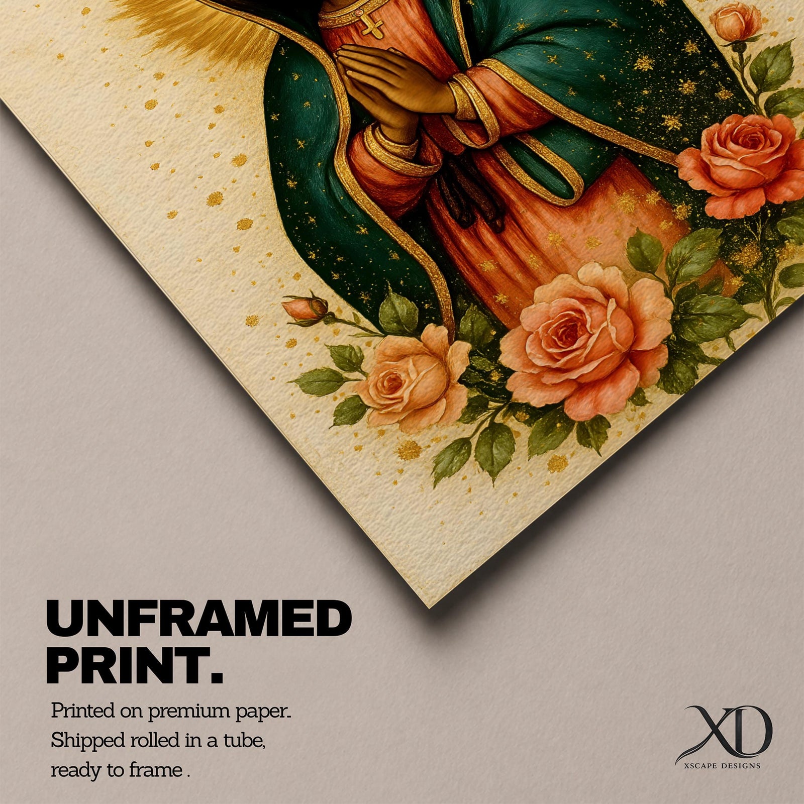 Traditional devotional illustration of Our Lady of Guadalupe standing with hands clasped in prayer, wearing a rose colored gown and a teal mantle covered with gold stars, surrounded by radiant golden rays and supported by a small angel beneath her, rendered in warm antique tones with delicate shading in a classic Mexican Catholic icon style.