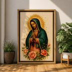 Traditional devotional illustration of Our Lady of Guadalupe standing with hands clasped in prayer, wearing a rose colored gown and a teal mantle covered with gold stars, surrounded by radiant golden rays and supported by a small angel beneath her, rendered in warm antique tones with delicate shading in a classic Mexican Catholic icon style.