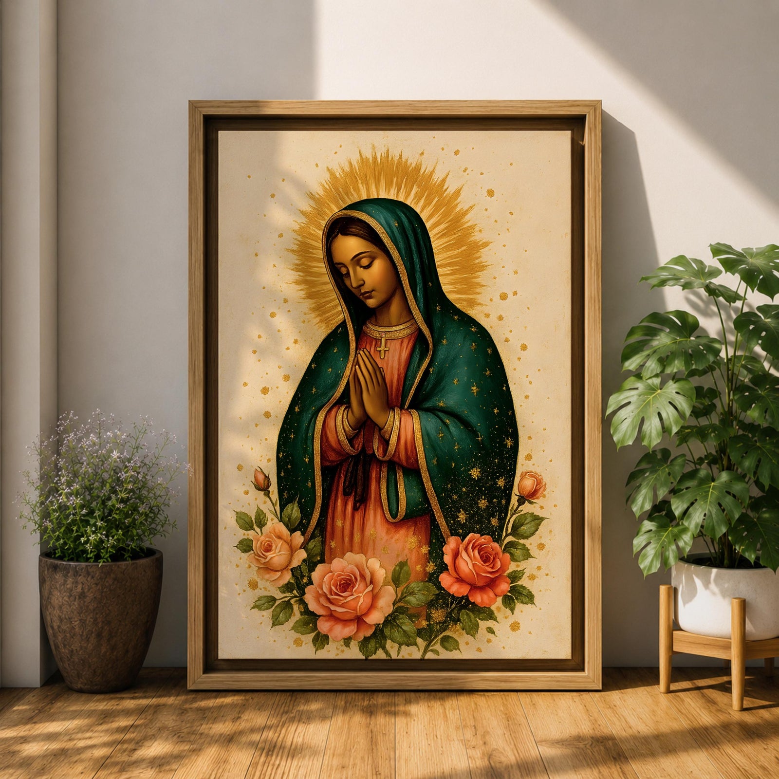 Traditional devotional illustration of Our Lady of Guadalupe standing with hands clasped in prayer, wearing a rose colored gown and a teal mantle covered with gold stars, surrounded by radiant golden rays and supported by a small angel beneath her, rendered in warm antique tones with delicate shading in a classic Mexican Catholic icon style.