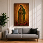 Traditional devotional illustration of the Virgin of Guadalupe standing with hands clasped in prayer, wearing a rose colored gown and a teal mantle covered with gold stars, surrounded by radiant golden rays with a small angel beneath her, rendered in warm antique tones with delicate shading in a classic Mexican Catholic icon style.