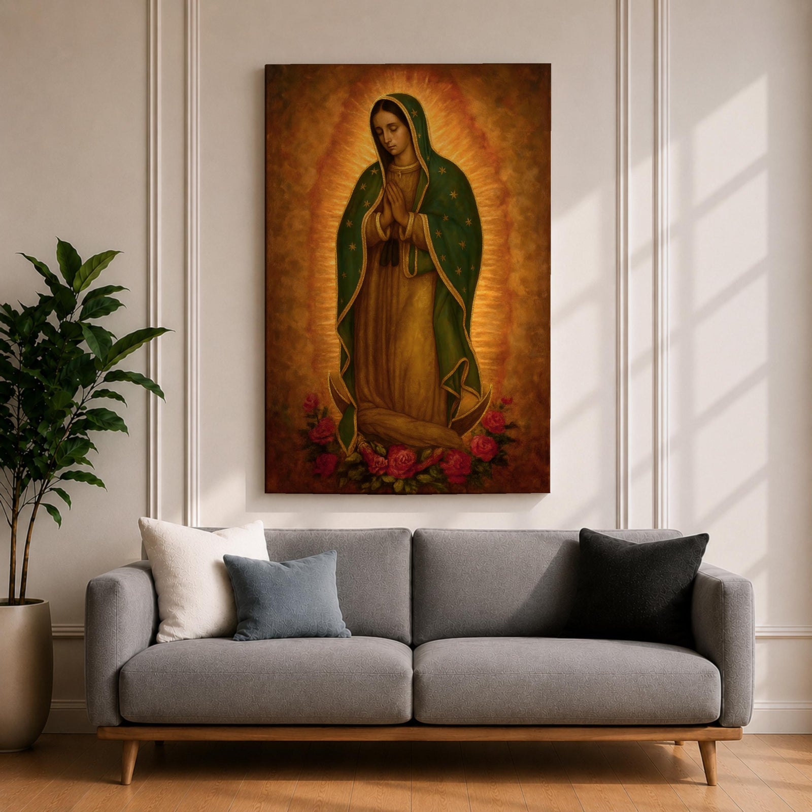 Traditional devotional illustration of the Virgin of Guadalupe standing with hands clasped in prayer, wearing a rose colored gown and a teal mantle covered with gold stars, surrounded by radiant golden rays with a small angel beneath her, rendered in warm antique tones with delicate shading in a classic Mexican Catholic icon style.