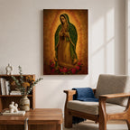 Traditional devotional illustration of the Virgin of Guadalupe standing with hands clasped in prayer, wearing a rose colored gown and a teal mantle covered with gold stars, surrounded by radiant golden rays with a small angel beneath her, rendered in warm antique tones with delicate shading in a classic Mexican Catholic icon style.