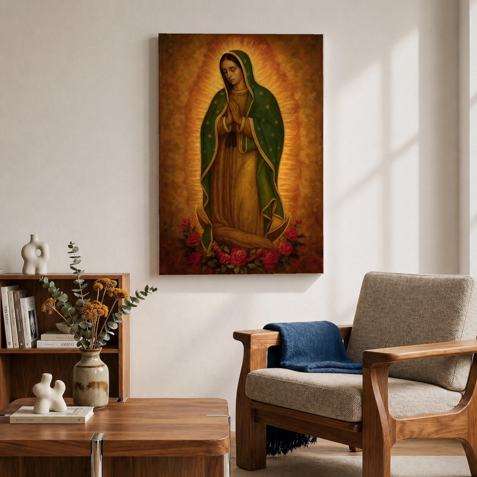 Traditional devotional illustration of the Virgin of Guadalupe standing with hands clasped in prayer, wearing a rose colored gown and a teal mantle covered with gold stars, surrounded by radiant golden rays with a small angel beneath her, rendered in warm antique tones with delicate shading in a classic Mexican Catholic icon style.