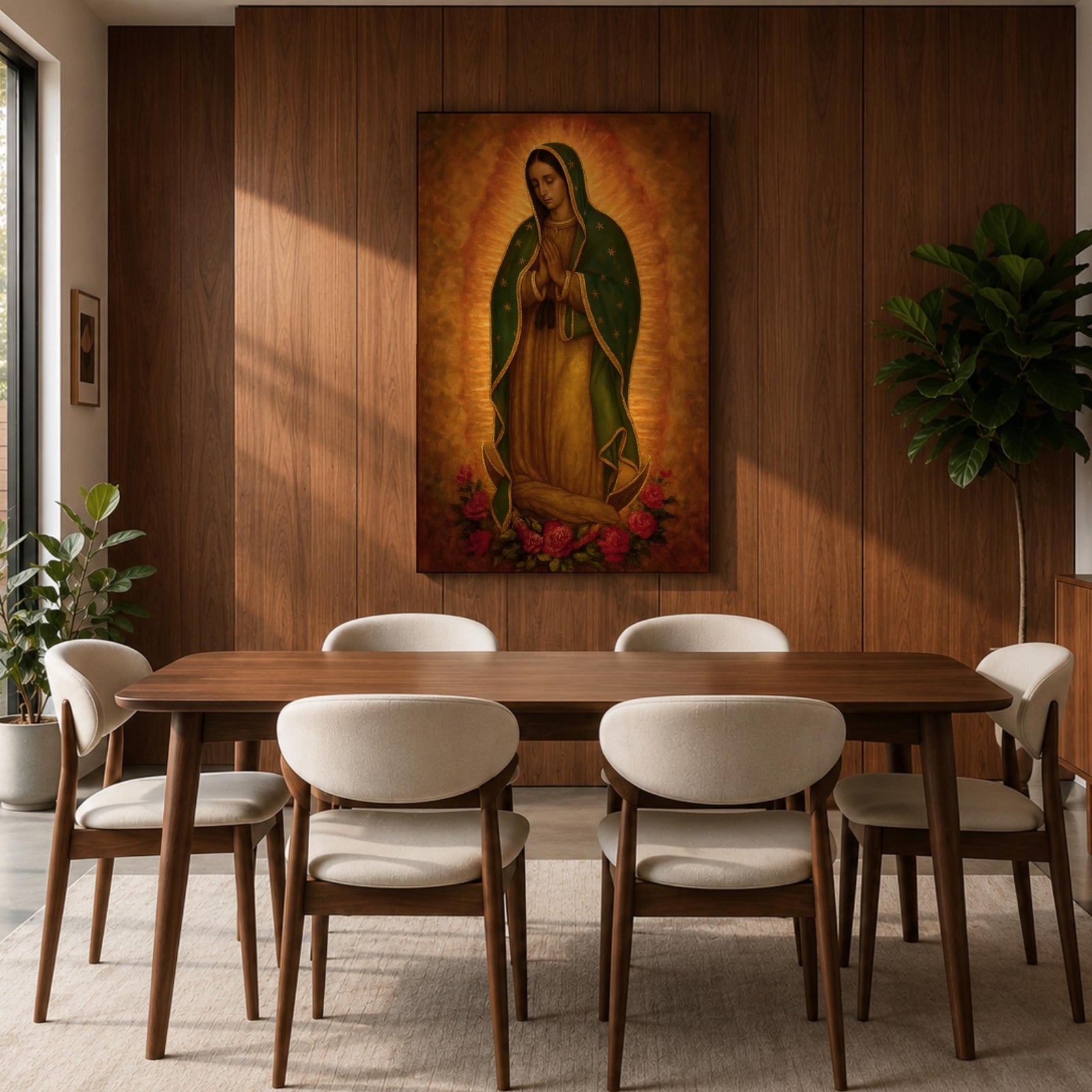 Traditional devotional illustration of the Virgin of Guadalupe standing with hands clasped in prayer, wearing a rose colored gown and a teal mantle covered with gold stars, surrounded by radiant golden rays with a small angel beneath her, rendered in warm antique tones with delicate shading in a classic Mexican Catholic icon style.