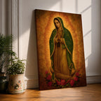 Traditional devotional illustration of the Virgin of Guadalupe standing with hands clasped in prayer, wearing a rose colored gown and a teal mantle covered with gold stars, surrounded by radiant golden rays with a small angel beneath her, rendered in warm antique tones with delicate shading in a classic Mexican Catholic icon style.