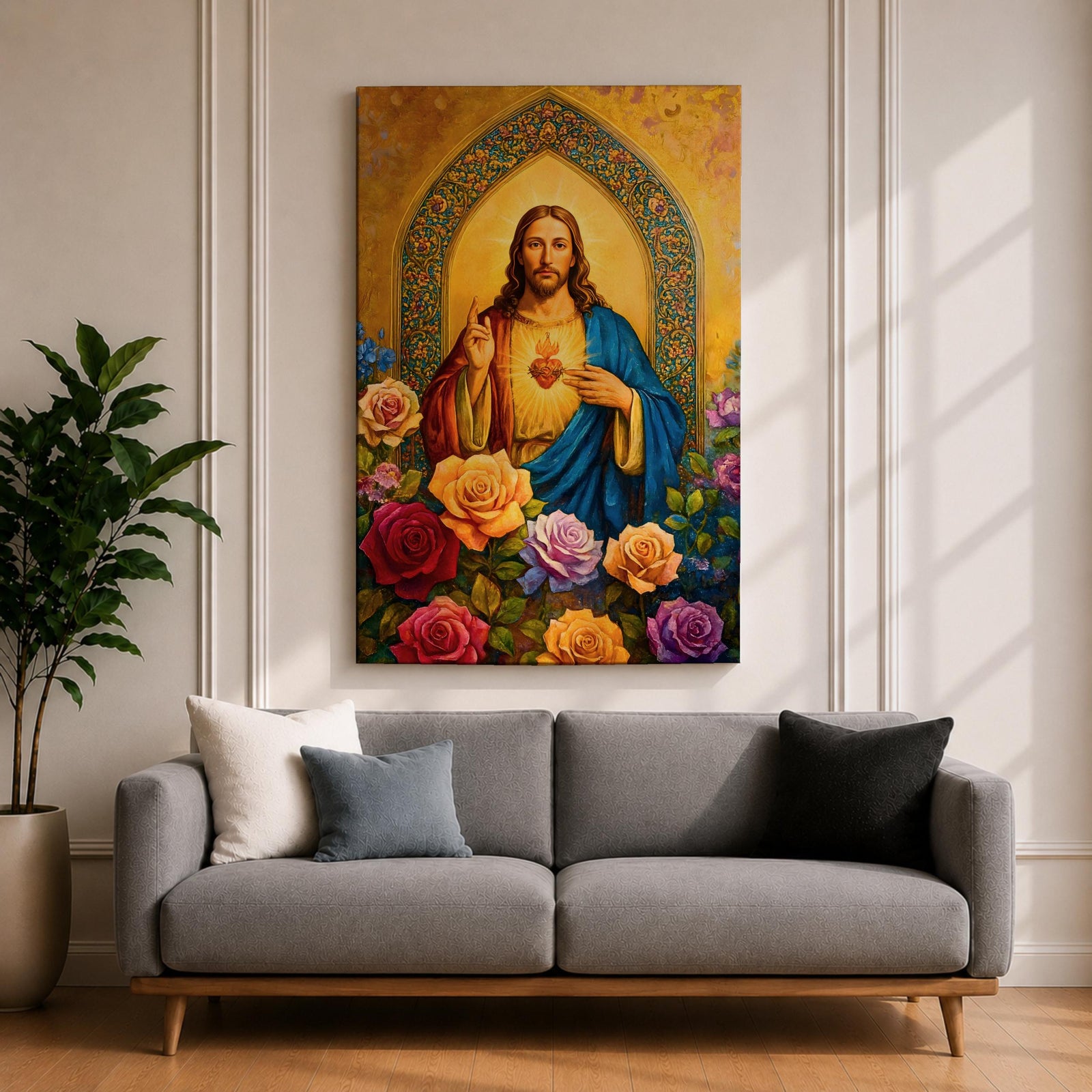 Illustration of Jesus Christ displaying the Sacred Heart glowing from his chest, shown with a calm expression and one hand raised in blessing while the other points toward the radiant heart, surrounded by floral elements and soft light, rendered with clean lines and gentle shading in a modern Christian devotional composition.