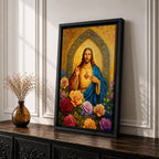 Illustration of Jesus Christ displaying the Sacred Heart glowing from his chest, shown with a calm expression and one hand raised in blessing while the other points toward the radiant heart, surrounded by floral elements and soft light, rendered with clean lines and gentle shading in a modern Christian devotional composition.