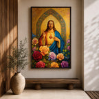 Illustration of Jesus Christ displaying the Sacred Heart glowing from his chest, shown with a calm expression and one hand raised in blessing while the other points toward the radiant heart, surrounded by floral elements and soft light, rendered with clean lines and gentle shading in a modern Christian devotional composition.