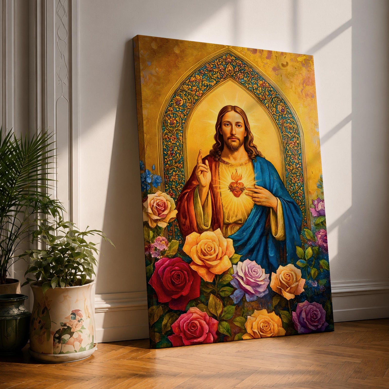Illustration of Jesus Christ displaying the Sacred Heart glowing from his chest, shown with a calm expression and one hand raised in blessing while the other points toward the radiant heart, surrounded by floral elements and soft light, rendered with clean lines and gentle shading in a modern Christian devotional composition.