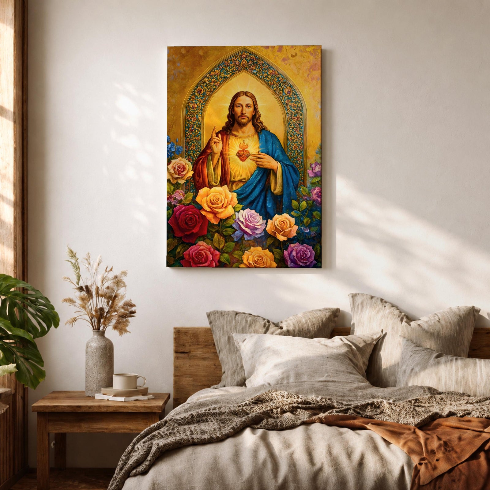 Illustration of Jesus Christ displaying the Sacred Heart glowing from his chest, shown with a calm expression and one hand raised in blessing while the other points toward the radiant heart, surrounded by floral elements and soft light, rendered with clean lines and gentle shading in a modern Christian devotional composition.