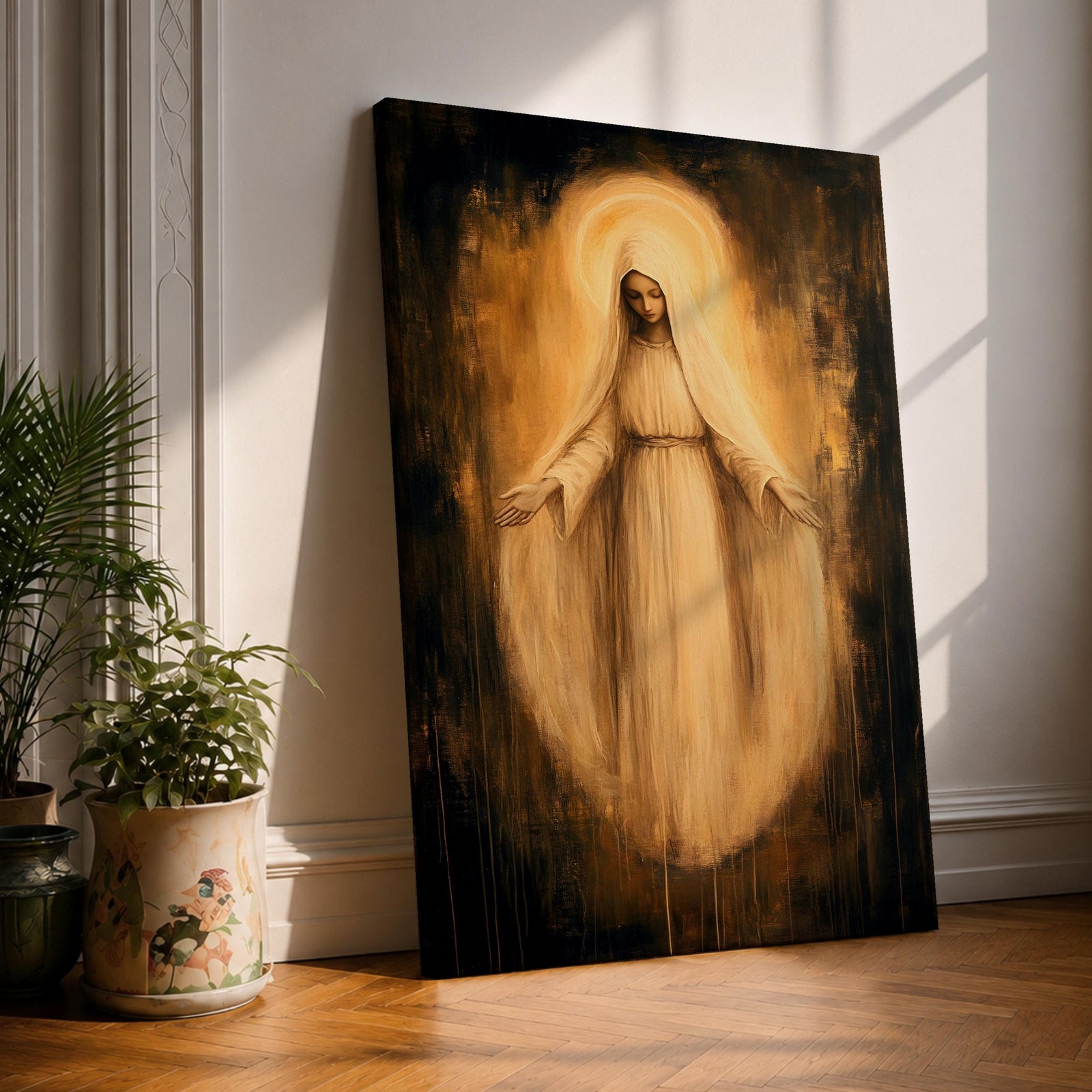 Vintage devotional illustration of the Virgin Mary portrayed as Our Lady of Grace appearing in a radiant apparition with open arms and gentle expression, wearing flowing white and blue robes with a soft halo and rays of light surrounding her figure, rendered in muted antique tones with delicate shading and a traditional Marian devotional composition.