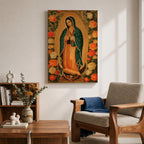 Illustration of Our Lady of Guadalupe standing with hands clasped in prayer, wearing a rose colored gown and a teal mantle covered with gold stars, surrounded by radiant golden rays and decorative floral elements, with a small angel beneath her, rendered in warm tones with soft shading in a devotional style inspired by Mexican Catholic iconography.