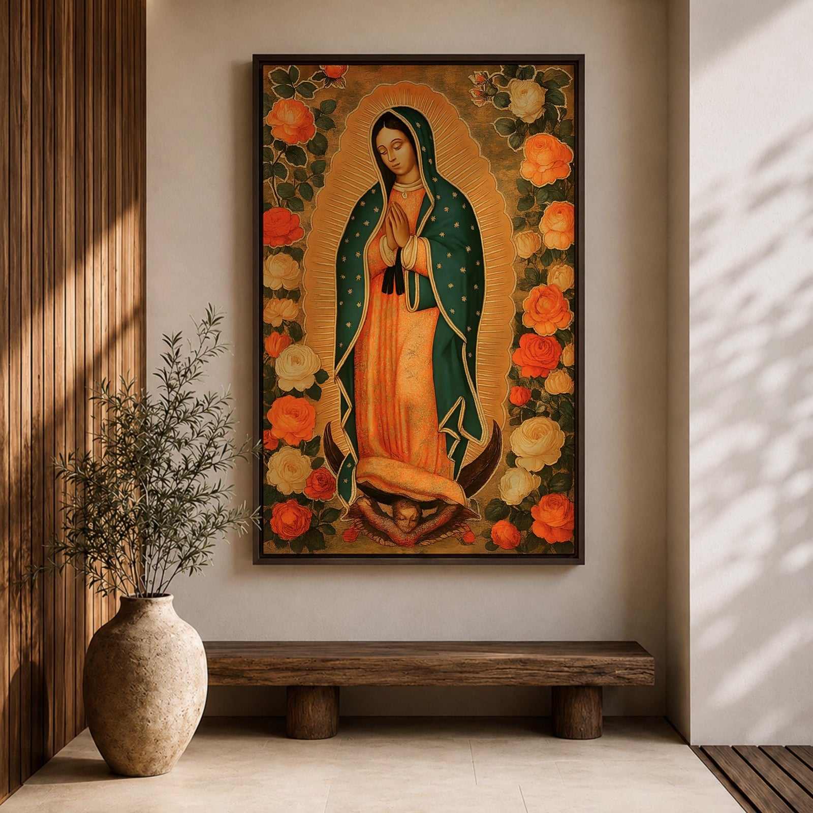 Illustration of Our Lady of Guadalupe standing with hands clasped in prayer, wearing a rose colored gown and a teal mantle covered with gold stars, surrounded by radiant golden rays and decorative floral elements, with a small angel beneath her, rendered in warm tones with soft shading in a devotional style inspired by Mexican Catholic iconography.