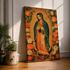 Illustration of Our Lady of Guadalupe standing with hands clasped in prayer, wearing a rose colored gown and a teal mantle covered with gold stars, surrounded by radiant golden rays and decorative floral elements, with a small angel beneath her, rendered in warm tones with soft shading in a devotional style inspired by Mexican Catholic iconography.