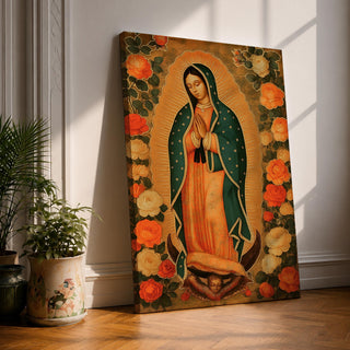 Illustration of Our Lady of Guadalupe standing with hands clasped in prayer, wearing a rose colored gown and a teal mantle covered with gold stars, surrounded by radiant golden rays and decorative floral elements, with a small angel beneath her, rendered in warm tones with soft shading in a devotional style inspired by Mexican Catholic iconography.