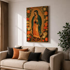Illustration of Our Lady of Guadalupe standing with hands clasped in prayer, wearing a rose colored gown and a teal mantle covered with gold stars, surrounded by radiant golden rays and decorative floral elements, with a small angel beneath her, rendered in warm tones with soft shading in a devotional style inspired by Mexican Catholic iconography.