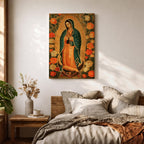 Illustration of Our Lady of Guadalupe standing with hands clasped in prayer, wearing a rose colored gown and a teal mantle covered with gold stars, surrounded by radiant golden rays and decorative floral elements, with a small angel beneath her, rendered in warm tones with soft shading in a devotional style inspired by Mexican Catholic iconography.