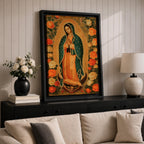 Illustration of Our Lady of Guadalupe standing with hands clasped in prayer, wearing a rose colored gown and a teal mantle covered with gold stars, surrounded by radiant golden rays and decorative floral elements, with a small angel beneath her, rendered in warm tones with soft shading in a devotional style inspired by Mexican Catholic iconography.