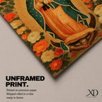 Illustration of Our Lady of Guadalupe standing with hands clasped in prayer, wearing a rose colored gown and a teal mantle covered with gold stars, surrounded by radiant golden rays and decorative floral elements, with a small angel beneath her, rendered in warm tones with soft shading in a devotional style inspired by Mexican Catholic iconography.