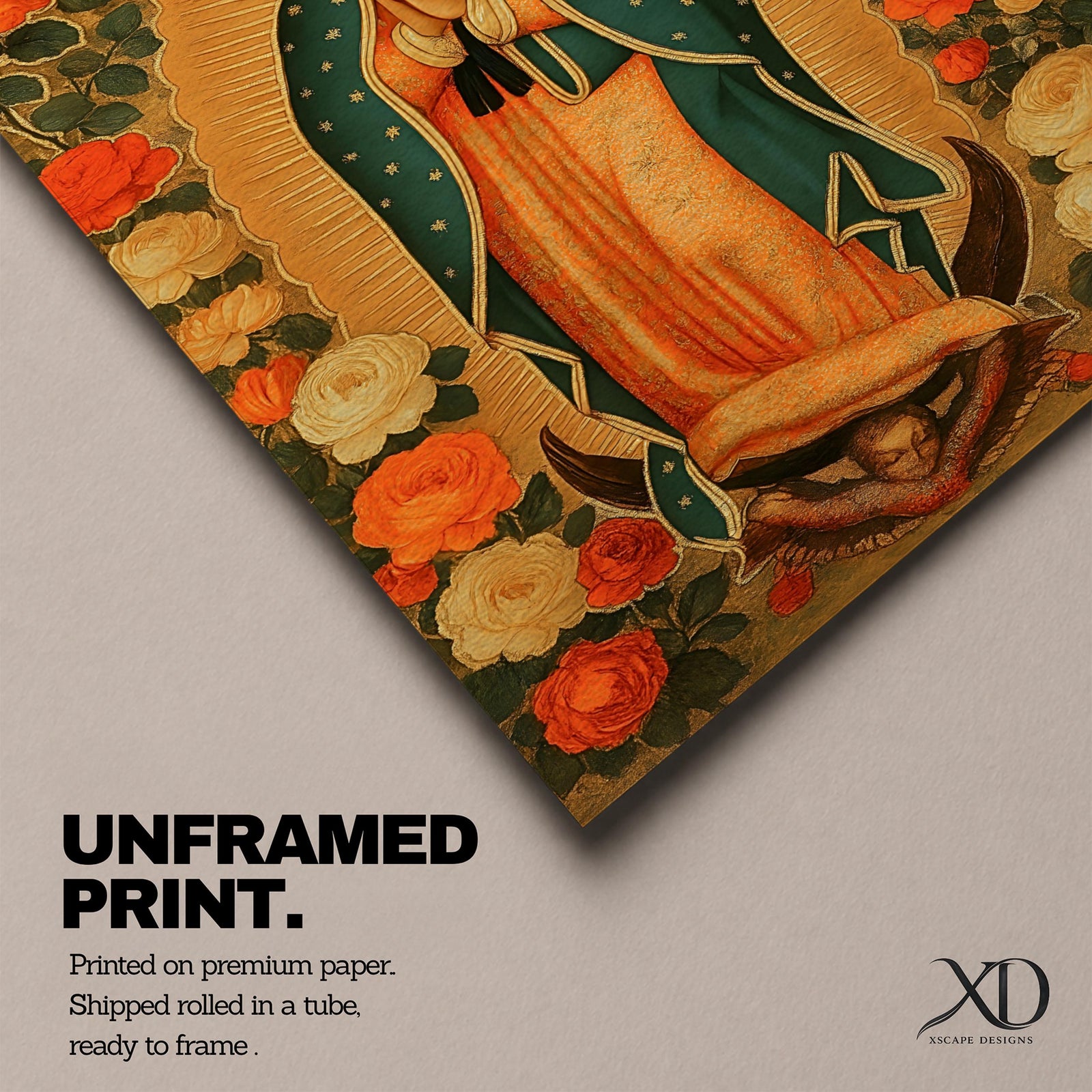 Illustration of Our Lady of Guadalupe standing with hands clasped in prayer, wearing a rose colored gown and a teal mantle covered with gold stars, surrounded by radiant golden rays and decorative floral elements, with a small angel beneath her, rendered in warm tones with soft shading in a devotional style inspired by Mexican Catholic iconography.