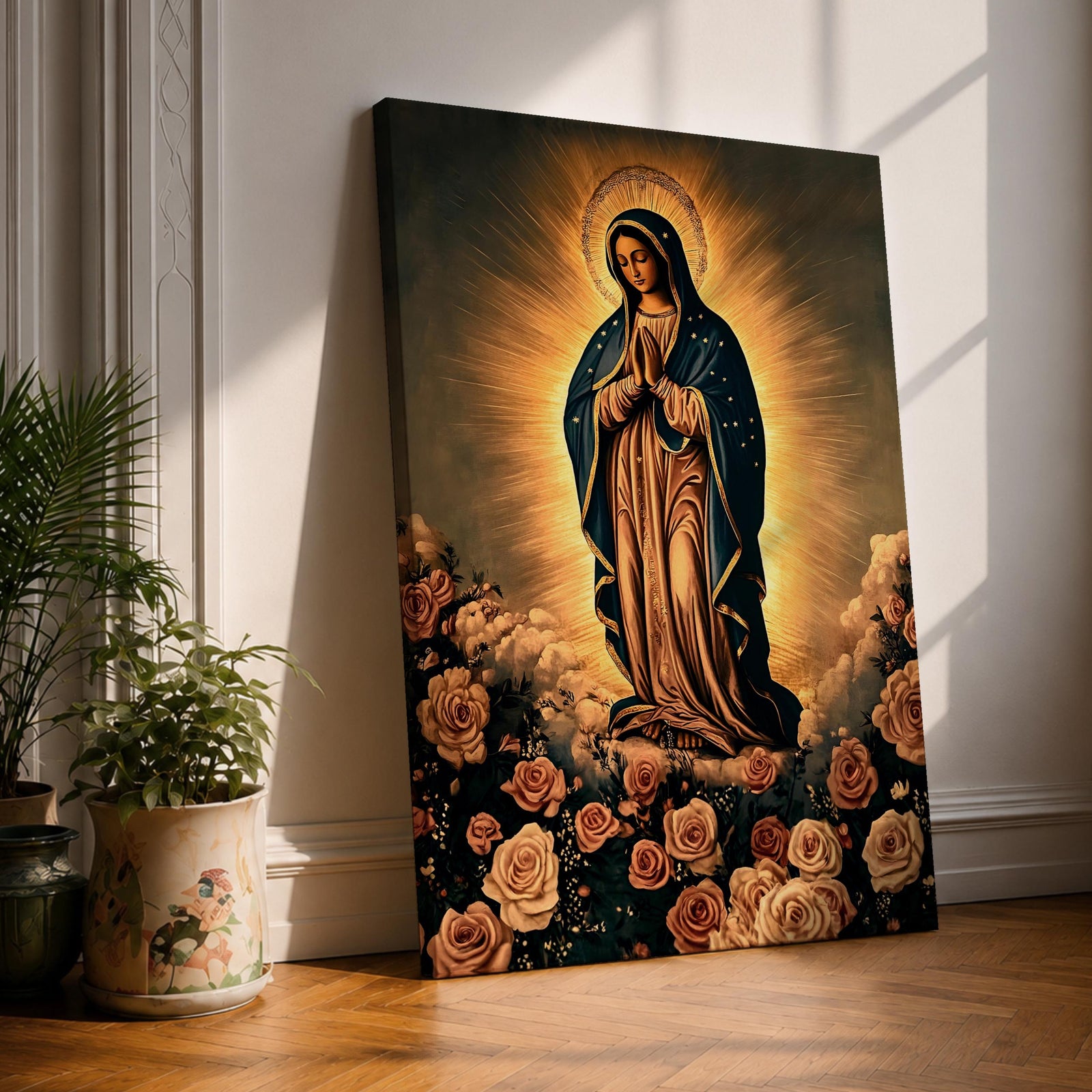 Vintage devotional illustration of Our Lady of Guadalupe also known as La Virgen Morena standing with hands clasped in prayer, wearing a rose colored gown and a teal mantle covered with gold stars, surrounded by radiant golden rays with a small angel beneath her, rendered in warm antique tones with delicate shading in traditional Mexican Catholic icon style.